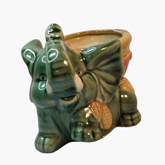 Vintage Green Elephant Ceramic Planter Pot Pot Basket - Picture 2 of 7